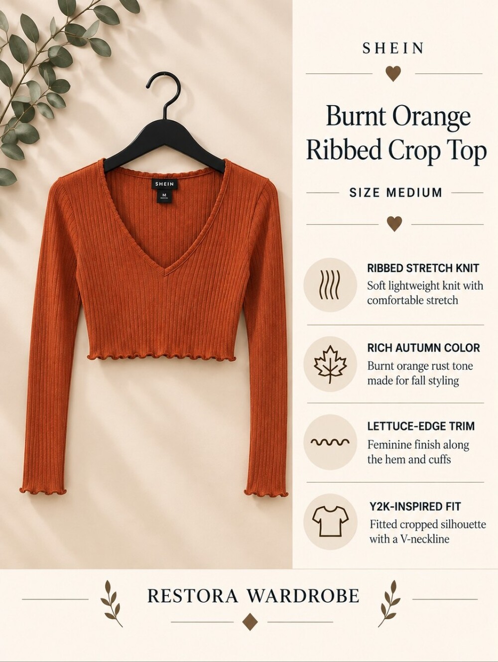 SHEIN Crop Top Burnt Orange Ribbed Long Sleeve Lettuce Hem M Y2K